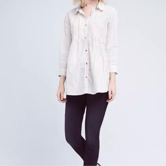 Anthropologie Holding Horses Patchwork Poplin Button Front Tunic Top Size M - Picture 1 of 10